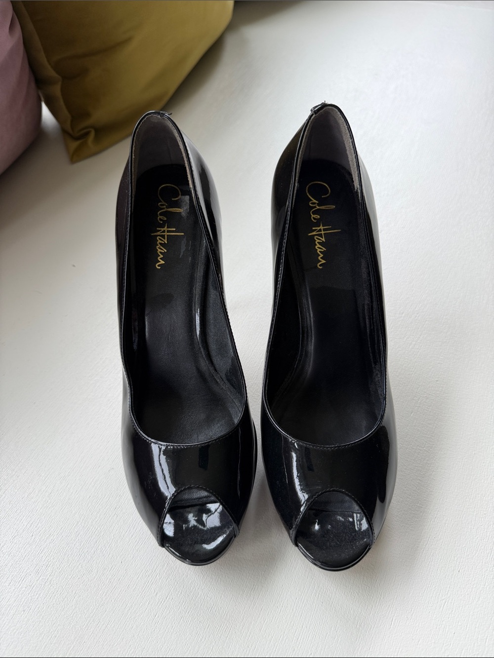 Cole Haan Black Patent Peep-Toe Heels…3.5” plus 1” platform